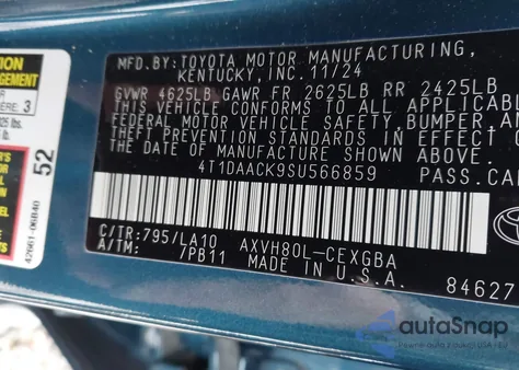 2025 Toyota Camry Xle z USA, uszkodzony, nr VIN 4T1DAACK9SU566859